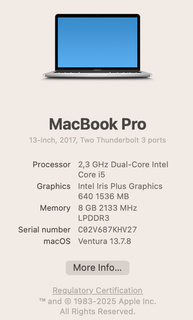 Apple MacBook Pro 2017 13-inch Core i5 128GB SSD Silver Laptop