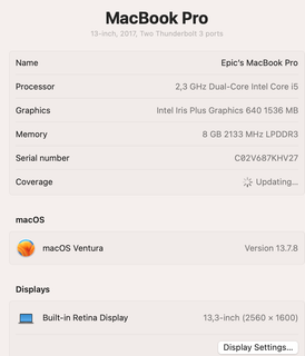 Apple MacBook Pro 2017 13-inch Core i5 128GB SSD Silver Laptop